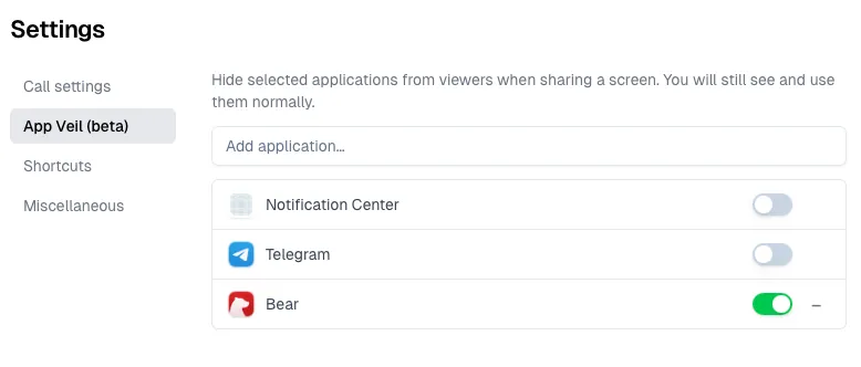 App Veil settings with Bear switched on and Notification Center and Telegram switched off