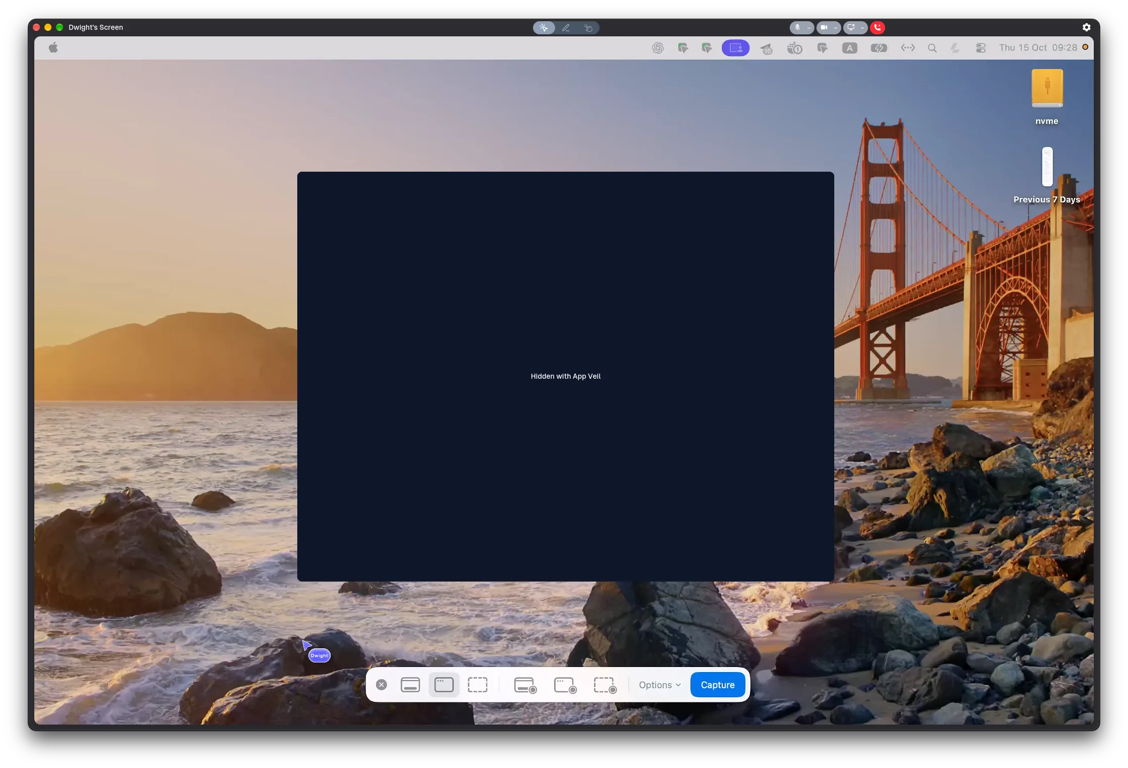 A teammate's view of the shared desktop, with the Bear window covered by a dark area labeled Hidden with App Veil